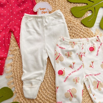 Kit 3 Calças - Flores no Meu Jardim, Off White e Poá Pink